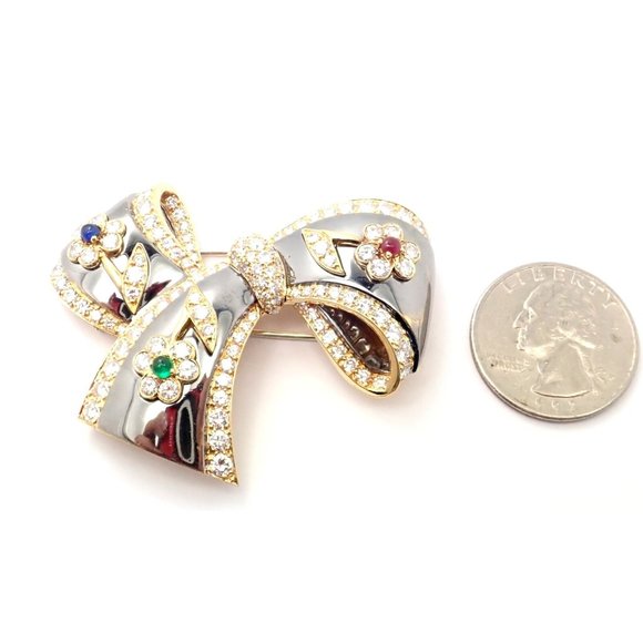 Rare Van Cleef & Arpels 18k Gold Diamond Ruby Emerald Sapphire Flower Pin Brooch - Picture 4 of 11